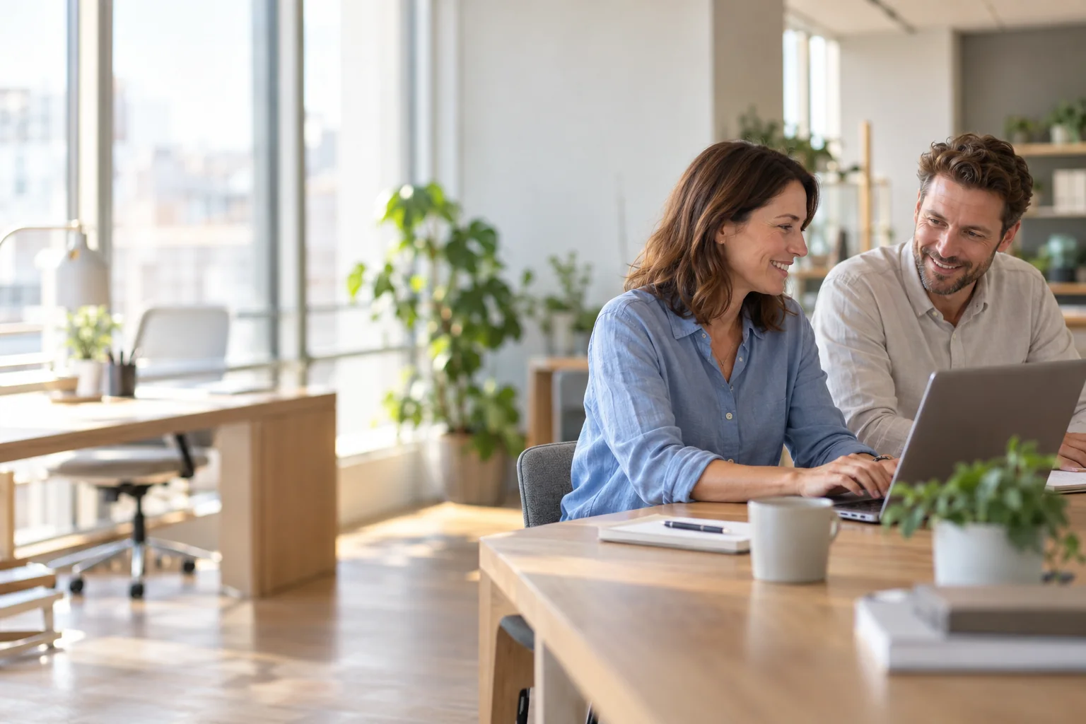 Two colleagues working together at a laptop in a bright office