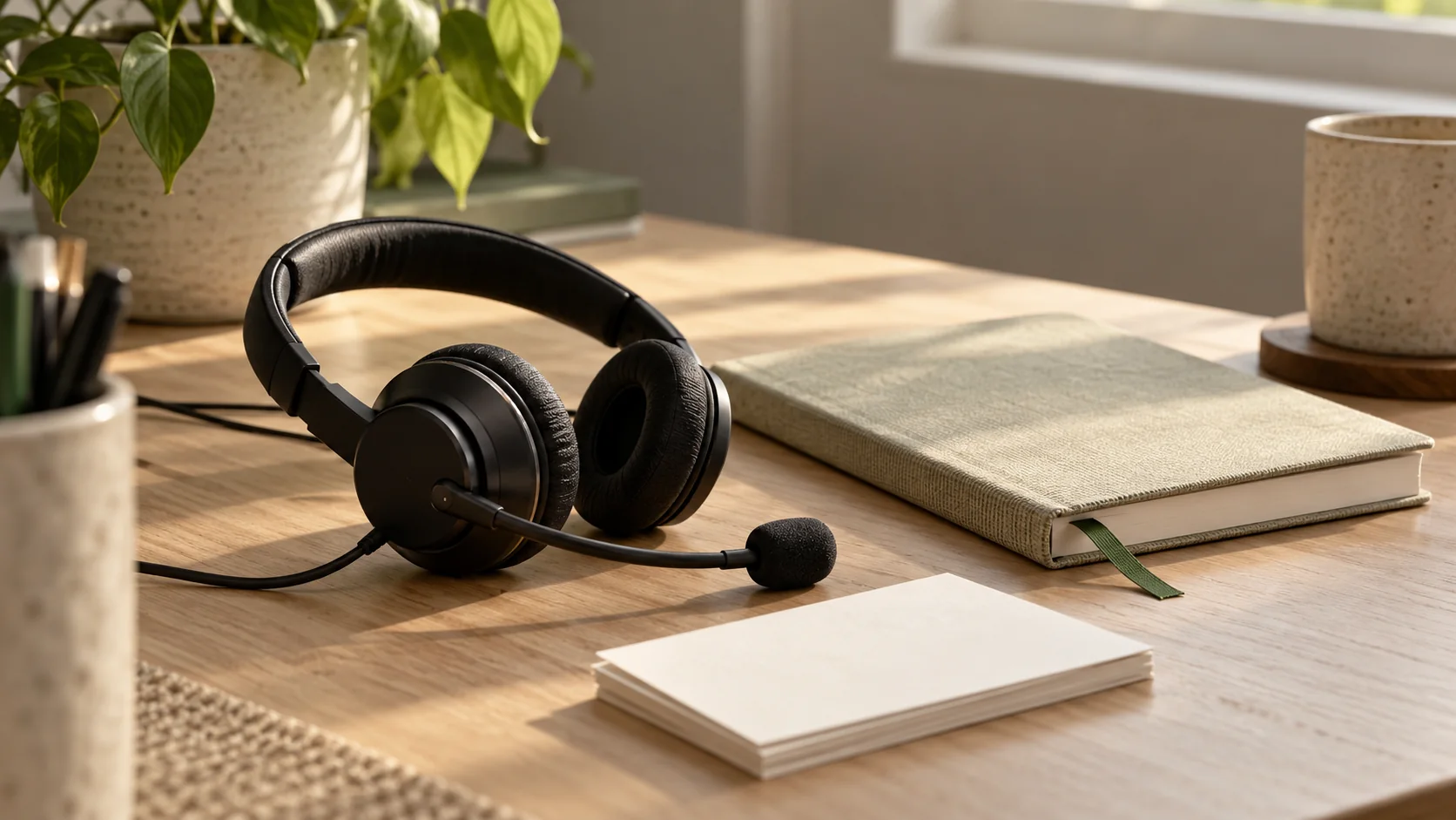 A headset and notebook on a sunlit desk