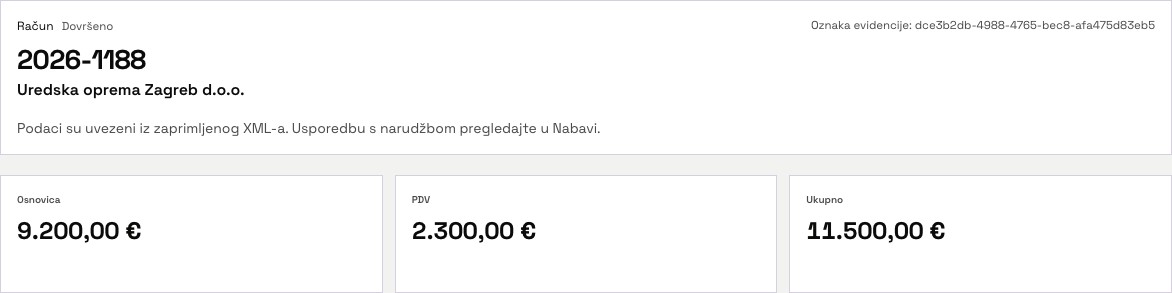 Stvarni ulazni račun 2026-1188 u Sponi s dobavljačem, napomenom o izvoru, osnovicom, PDV-om i ukupnim iznosom.