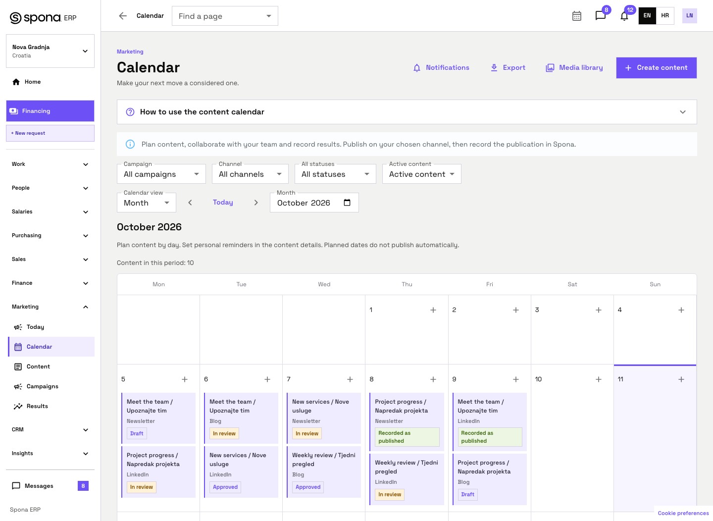 Spona October Marketing calendar with ten content items and distinct draft, review, approved and recorded-as-published statuses.
