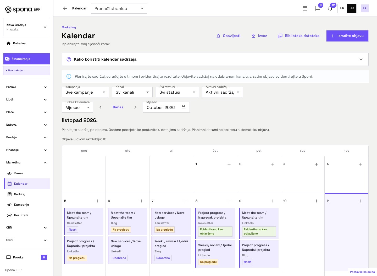 Kalendar Marketinga u Sponi za listopad s deset sadržaja i odvojenim statusima nacrta, pregleda, odobrenja i evidentirane objave.