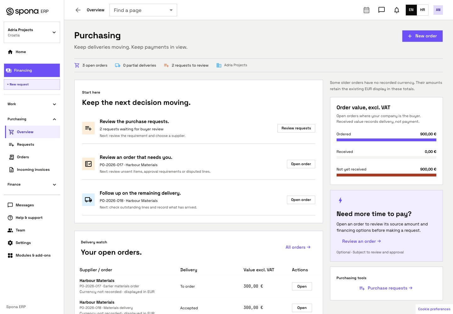 Spona Purchasing overview with orders, recorded or missing currency, pending requests and delivery values.