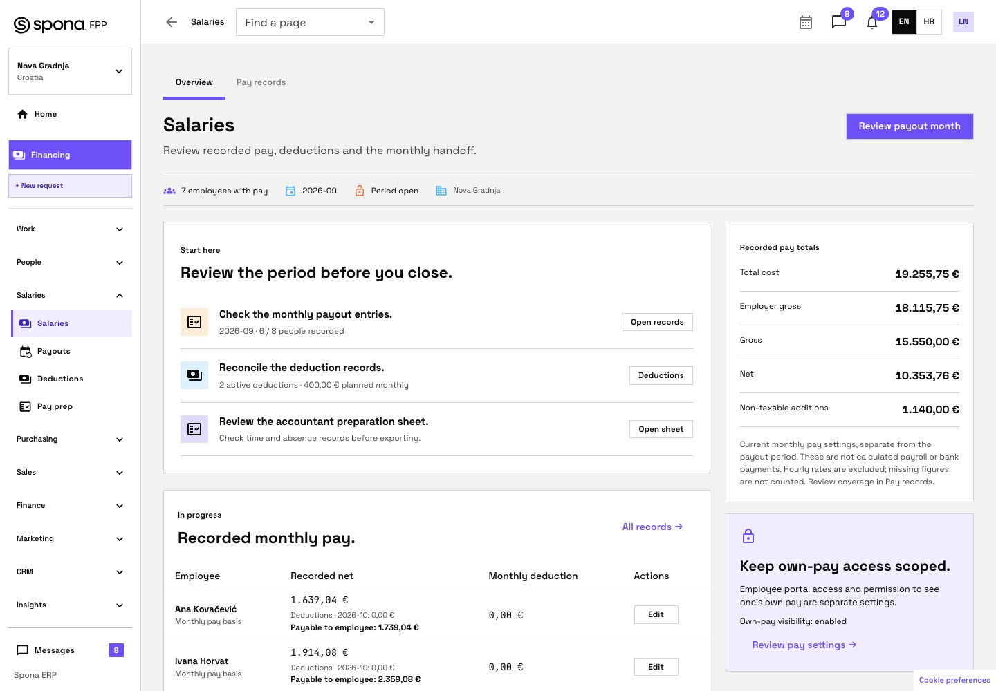 Spona Salaries overview with recorded pay totals, deductions, preparation status and separate pay access settings.