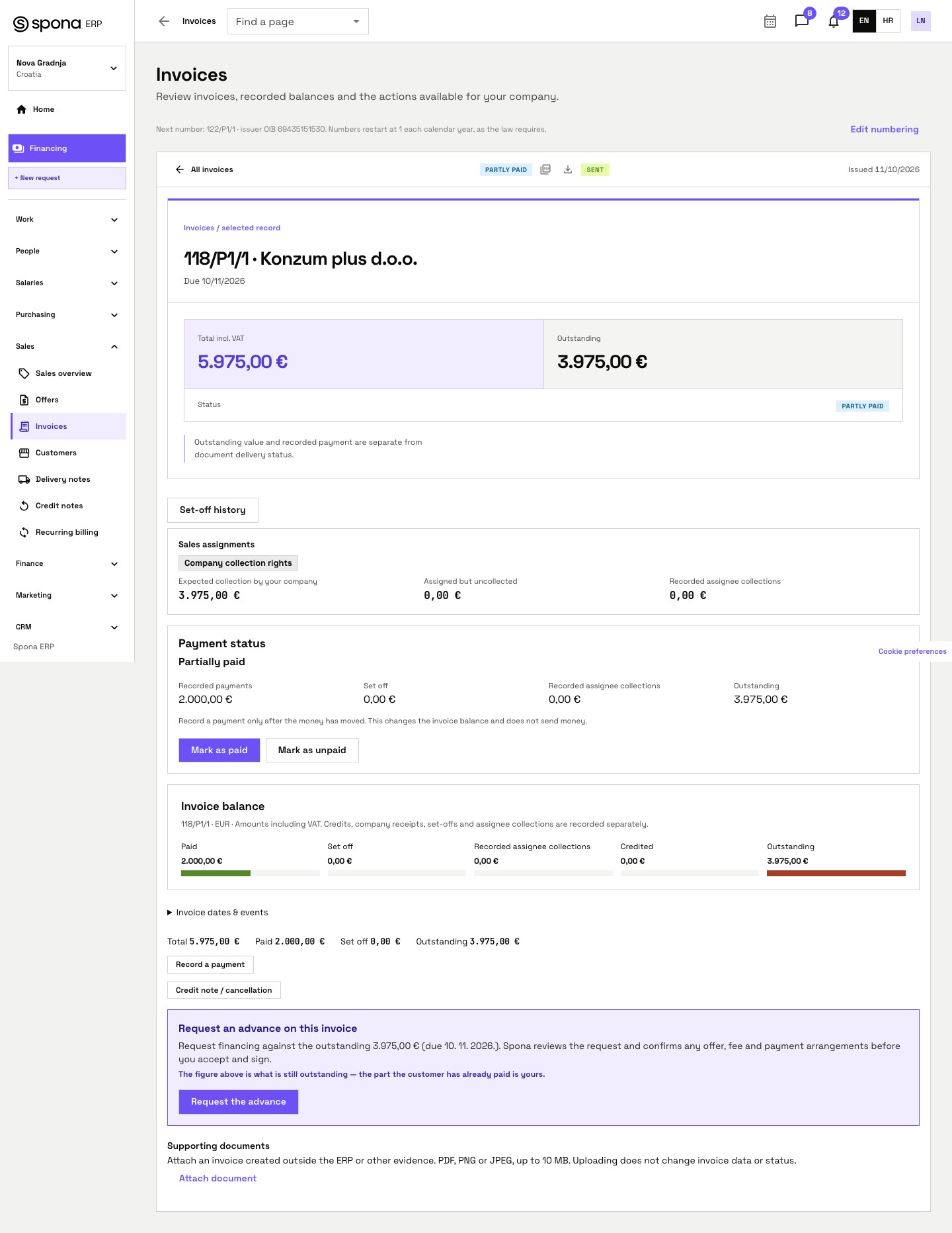 Spona sample invoice: total, recorded payment and outstanding balance